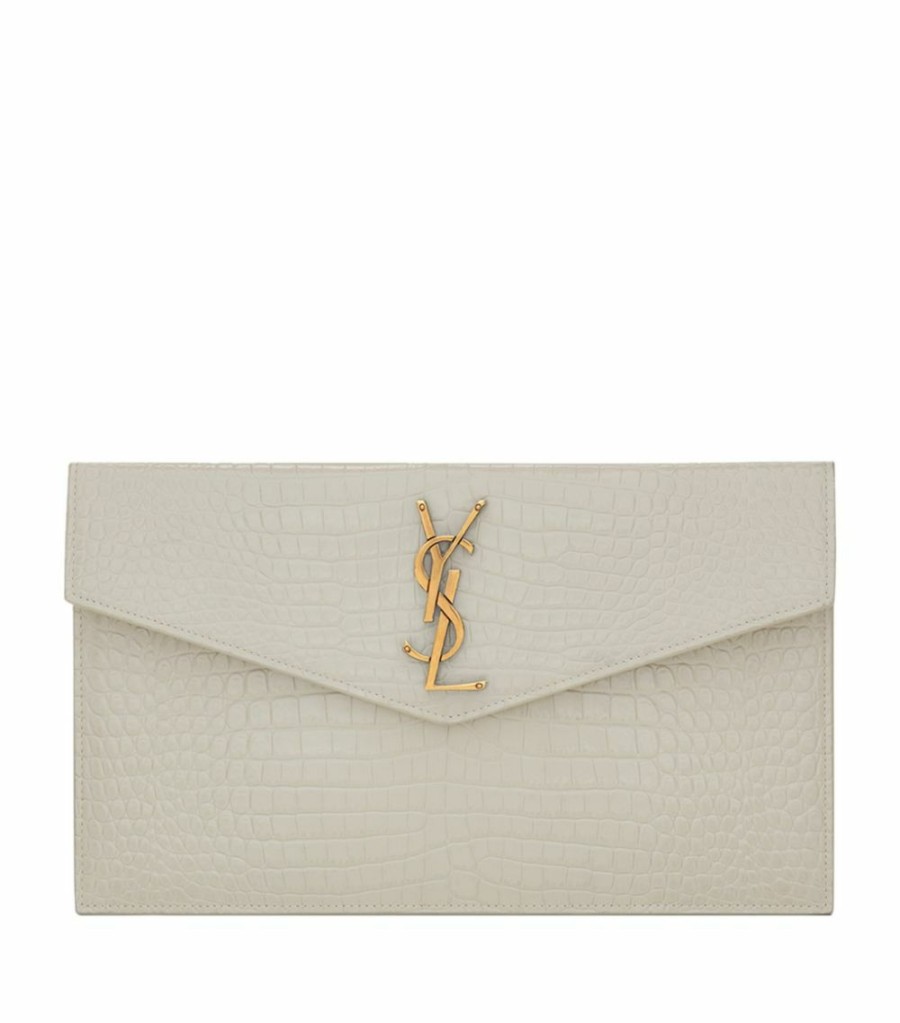 Women * | Flash Sale Saint Laurent Croc-Embossed Uptown Envelope Pouch 9207 Pouches