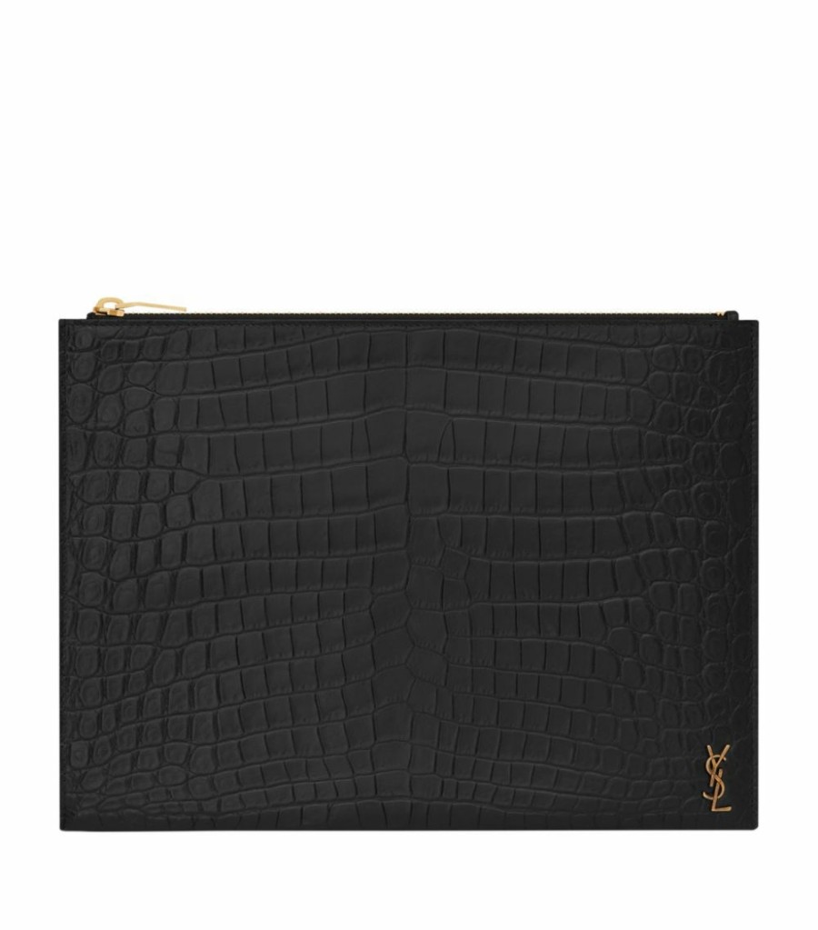 Men * | Best Reviews Of Saint Laurent Croc-Embossed Monogram Document Case 1000 Laptops & Briefcases