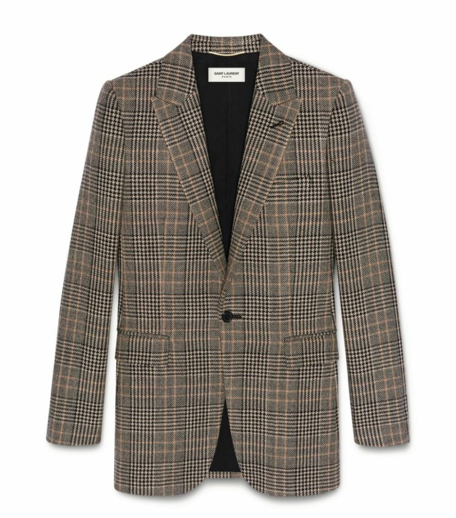 Women * | Best Deal Saint Laurent Wool Prince Of Wales Check Blazer 2612 Blazers