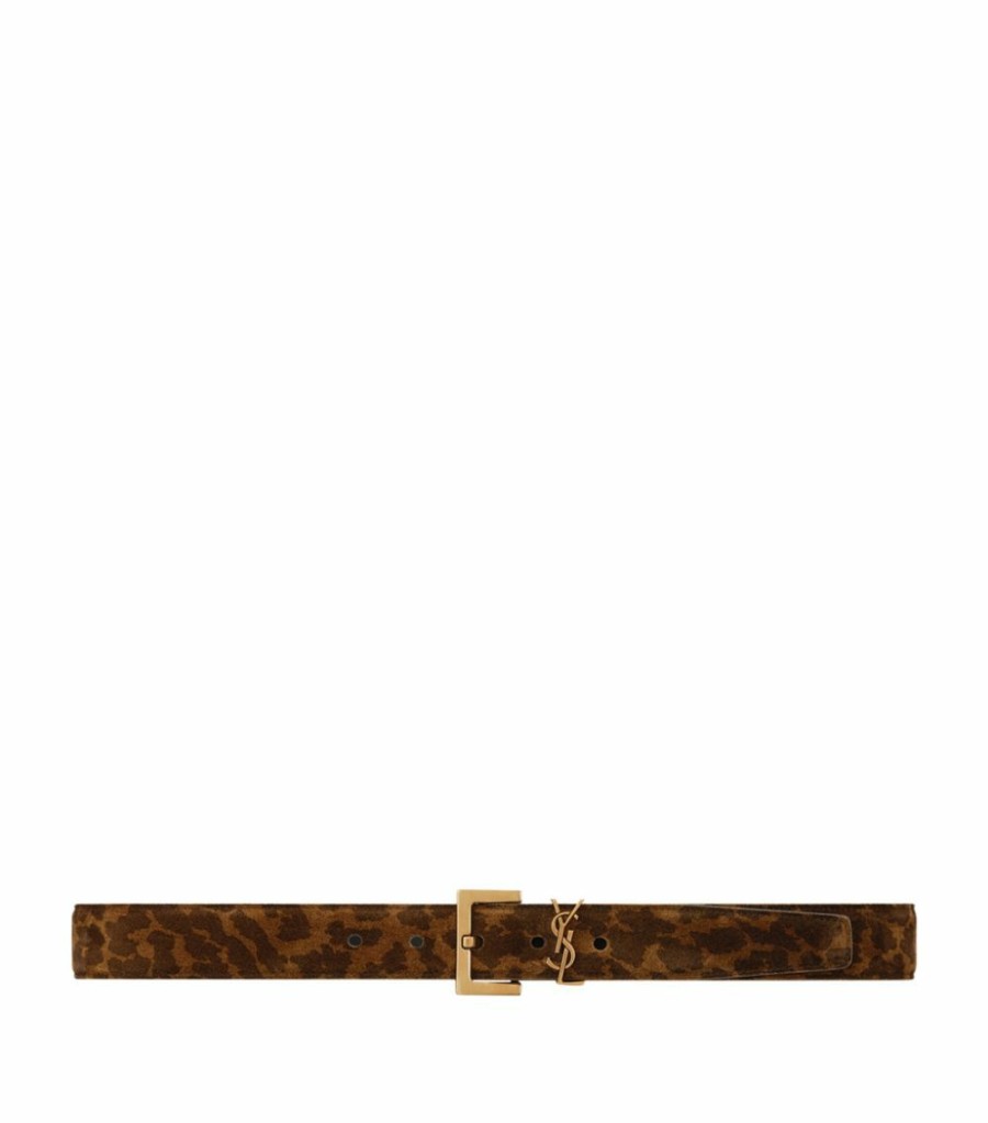 Women * | Deals Saint Laurent Leopard Print Logo Belt 2361 Belts