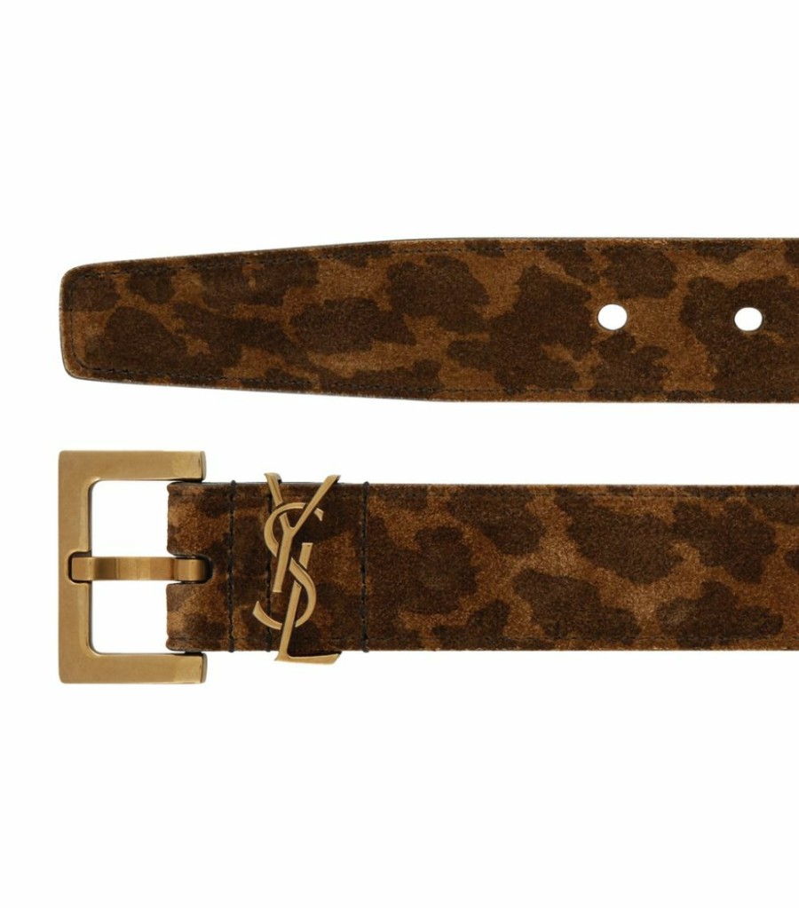 Women * | Deals Saint Laurent Leopard Print Logo Belt 2361 Belts