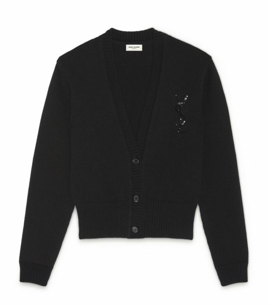 Women * | Budget Saint Laurent Cashmere Sequinned-Logo Cardigan 1001 Cardigans