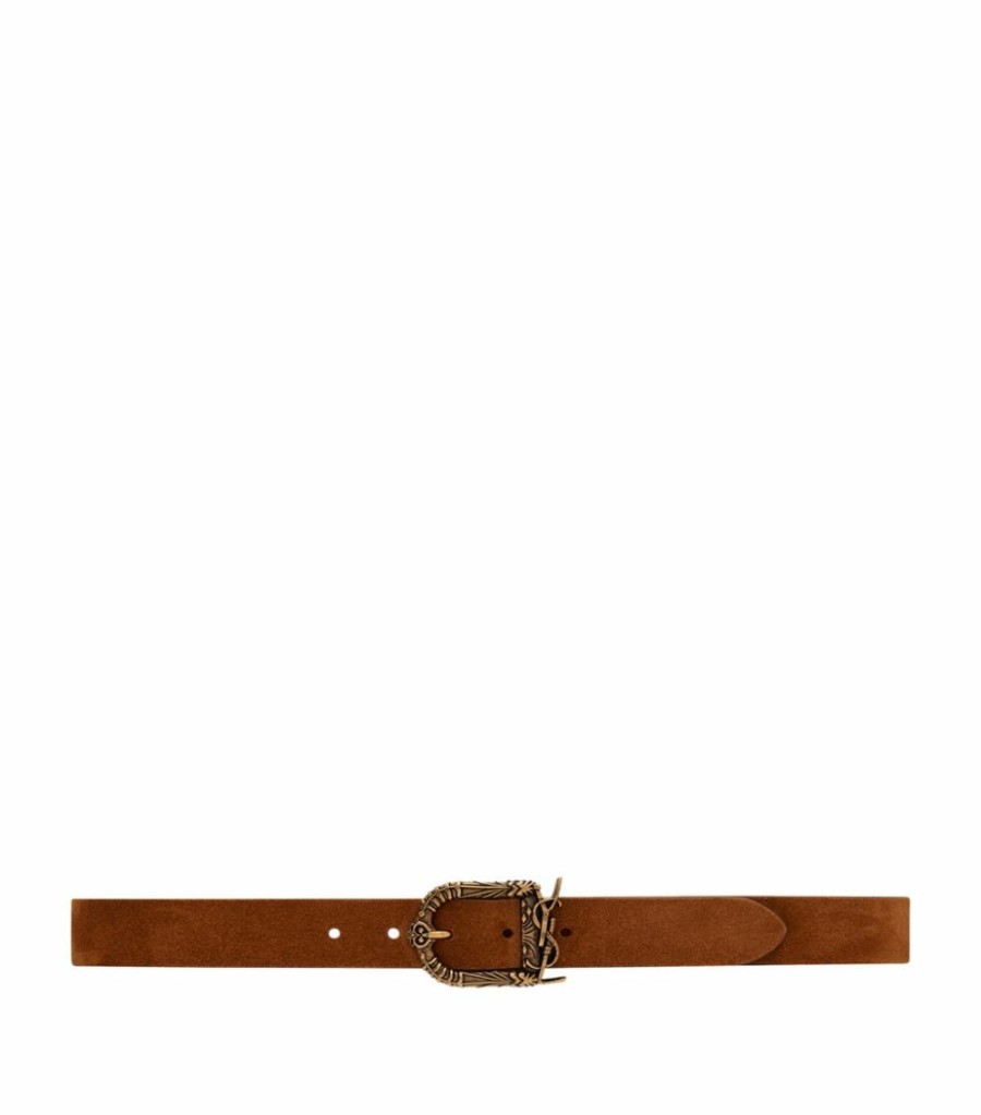 Women * | Best Pirce Saint Laurent Suede Archaic Logo Belt 7714 Belts