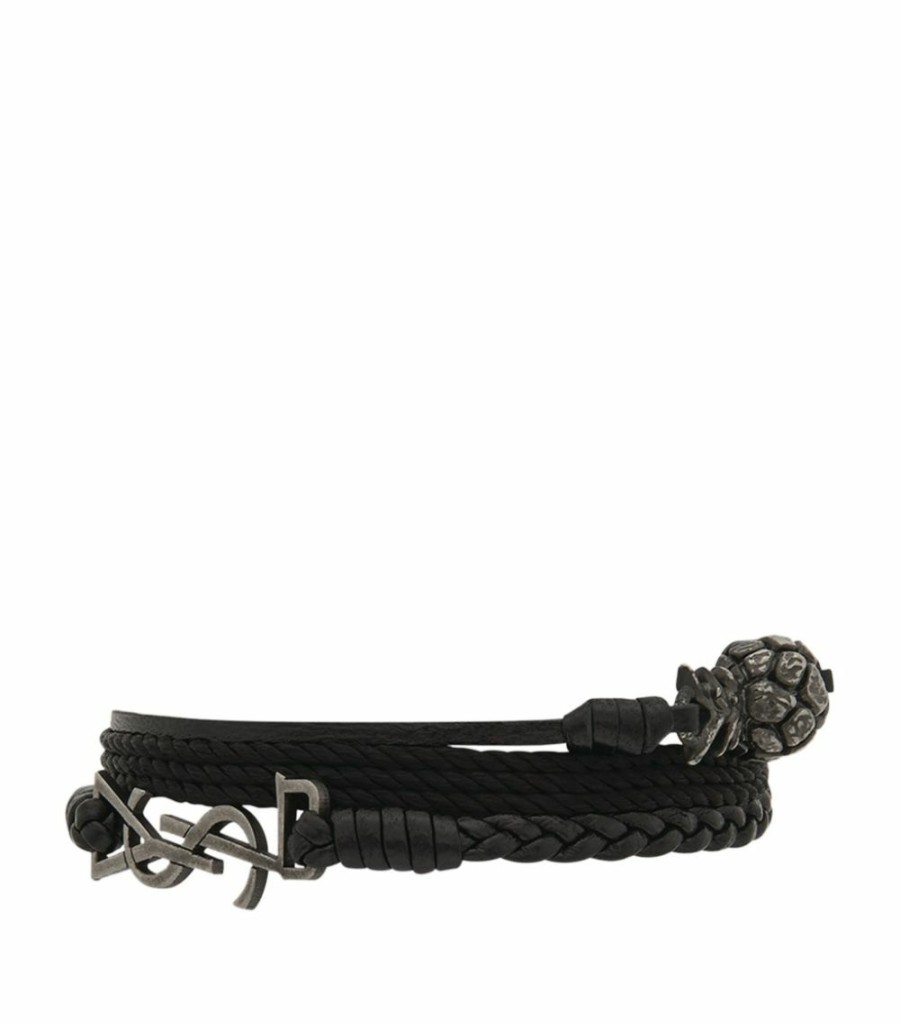 Jewellery & Watches * | Buy Saint Laurent Braided Leather Pineapple Bracelet 1000 Bracelets