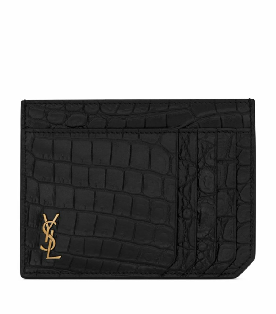 Men * | Best Reviews Of Saint Laurent Croc-Embossed Leather Monogram Card Holder 1000 Cardholders