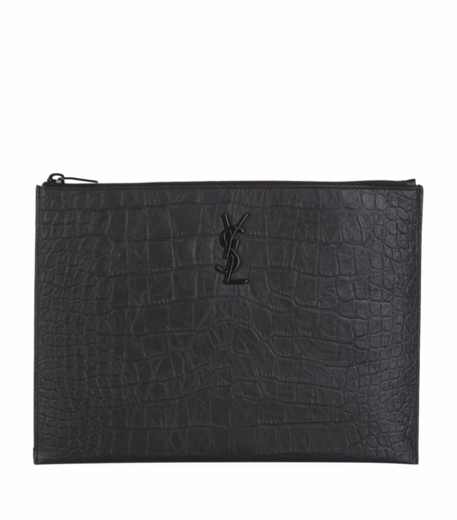 Men * | Deals Saint Laurent Croc-Embossed Monogram Pouch 1000 Pouches