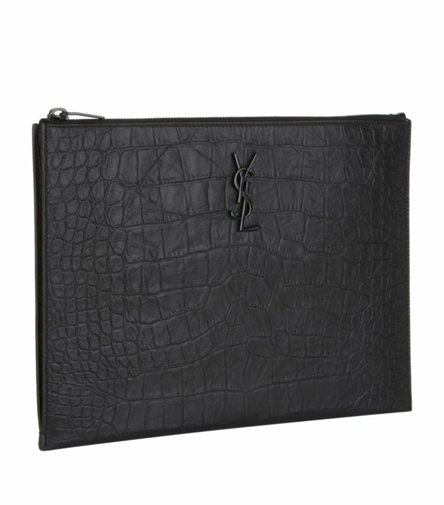 Men * | Deals Saint Laurent Croc-Embossed Monogram Pouch 1000 Pouches