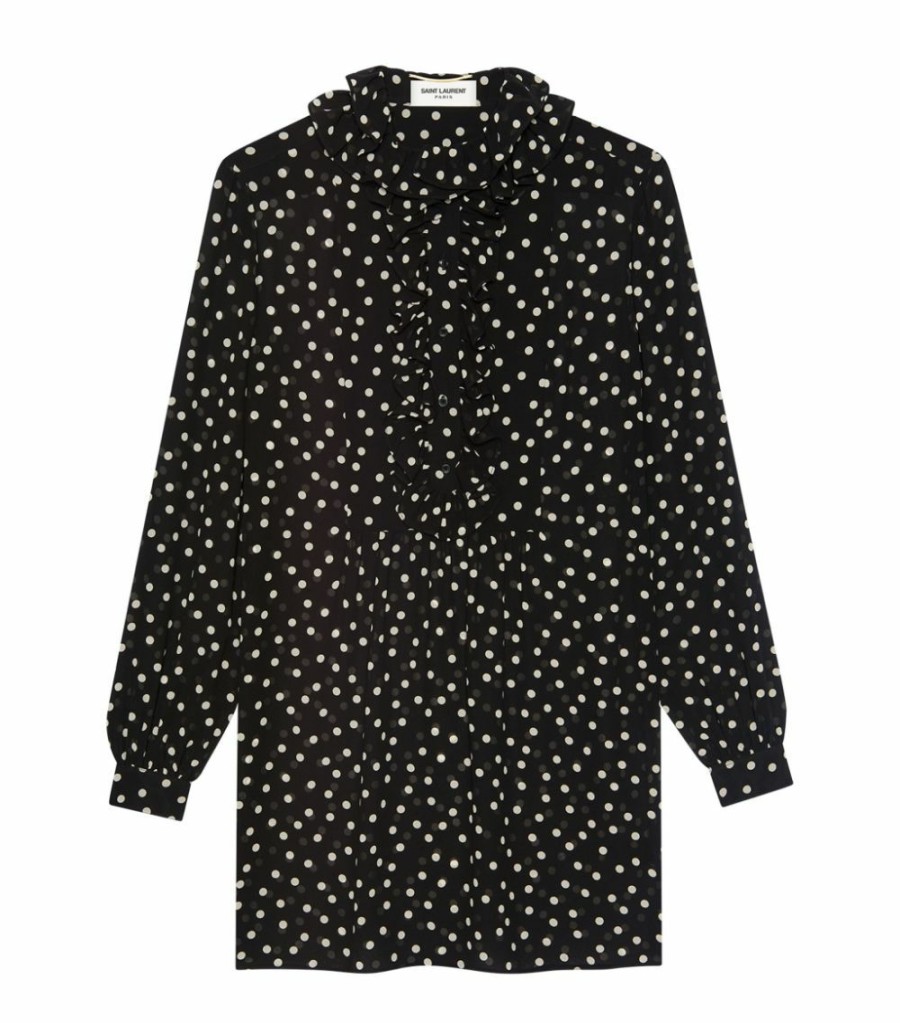 Women * | Flash Sale Saint Laurent Silk Polka-Dot Print Dress 1095 Little Black Dresses