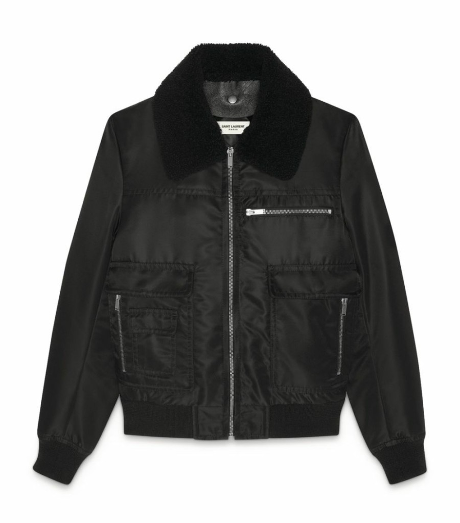 Men * | Best Pirce Saint Laurent Shearling-Collar Bomber Jacket 1000 Bomber Jackets