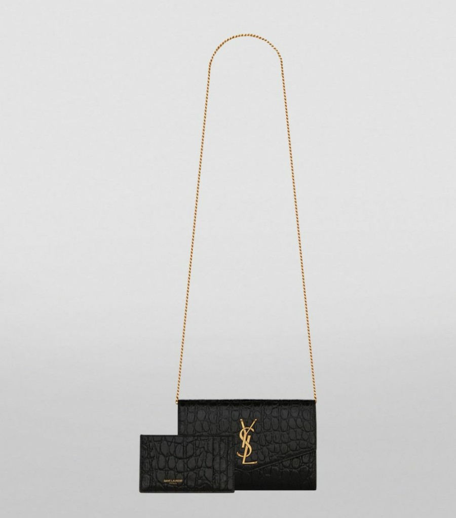 Women * | Brand New Saint Laurent Uptown Croc-Embossed Chain Wallet 1000 Wallets