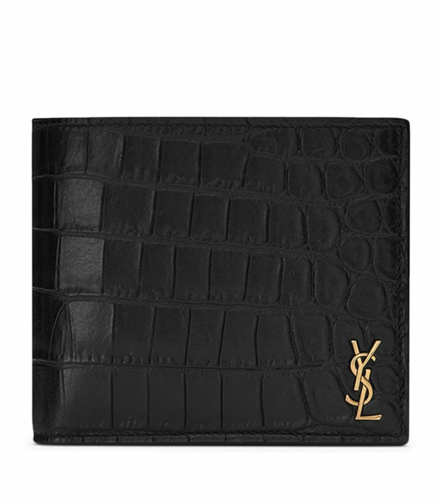 Men * | Outlet Saint Laurent Croc-Embossed Leather Monogram Card Holder 1000 Cardholders