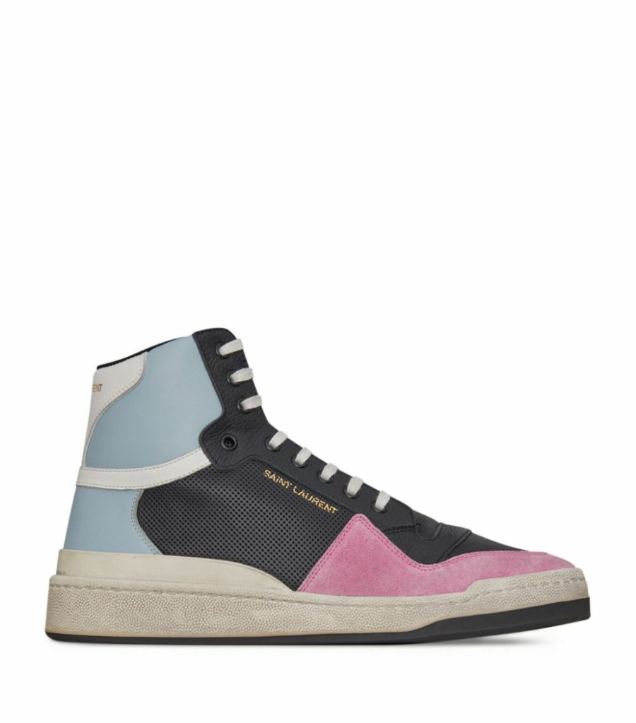 Men * | Best Deal Saint Laurent Leather Mid-Top Sneakers 6050 Low-Top Sneakers