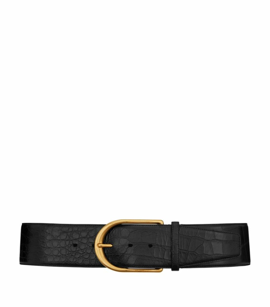 Women * | Cheapest Saint Laurent Leather Croc-Embossed Belt 1000 Belts