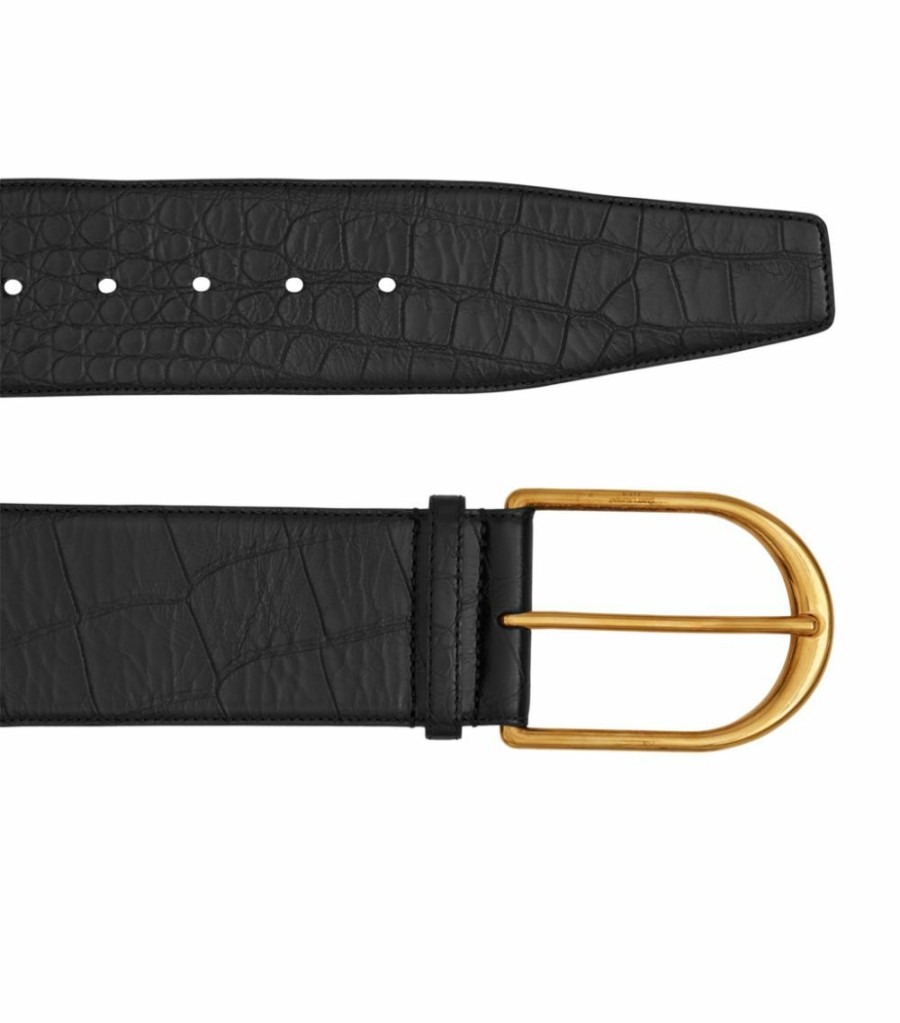 Women * | Cheapest Saint Laurent Leather Croc-Embossed Belt 1000 Belts