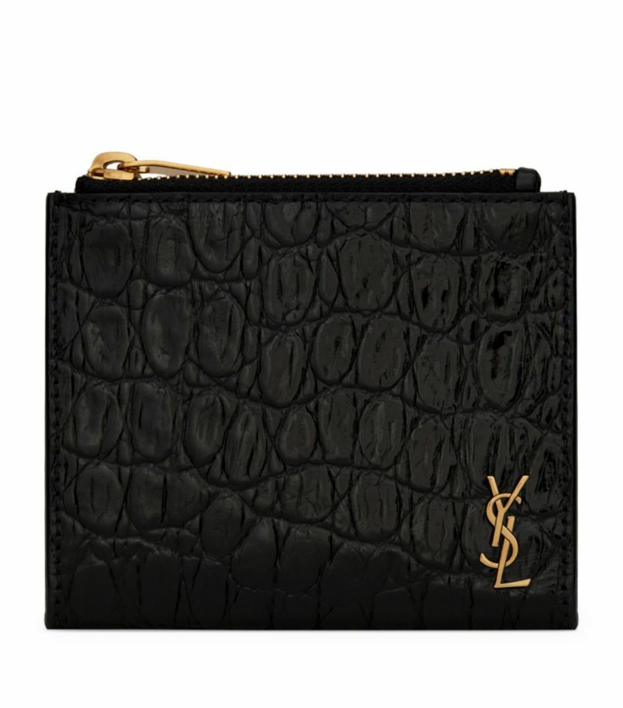 Women * | Buy Saint Laurent Tiny Monogram Croc-Embossed Zipped Card Holder 1000 Card Holders