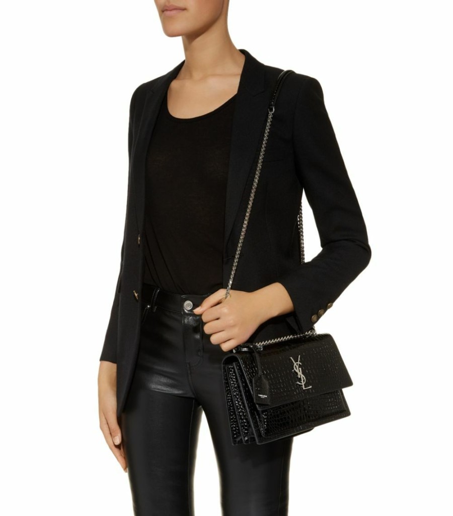 Women * | Budget Saint Laurent Medium Sunset Croc-Embossed Shoulder Bag 1000 Shoulder Bags