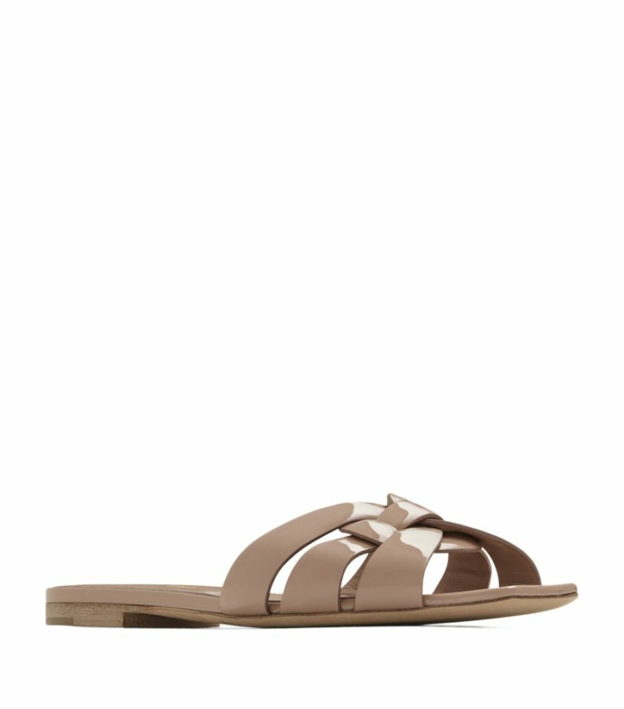 Women * | Best Deal Saint Laurent Patent Leather Tribute Sandals 9935 Flat Sandals