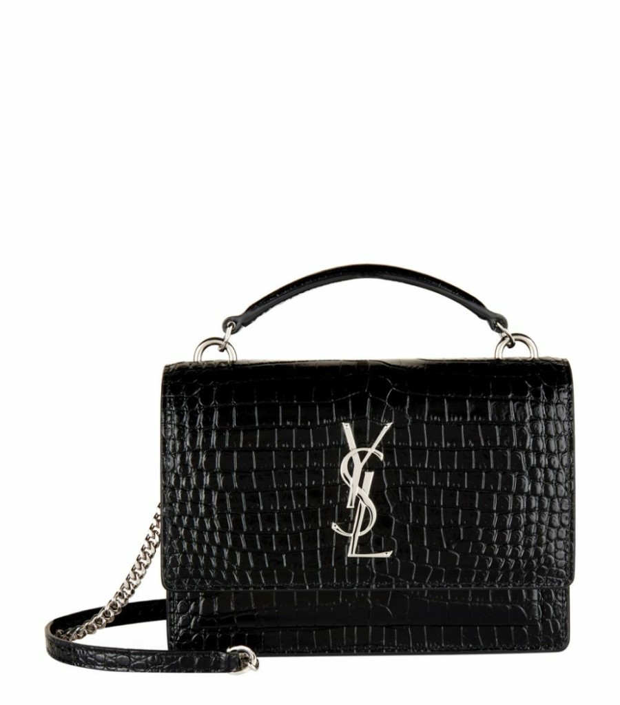 Women * | Wholesale Saint Laurent Sunset Croc-Embossed Chain Wallet 1000 Shoulder Bags