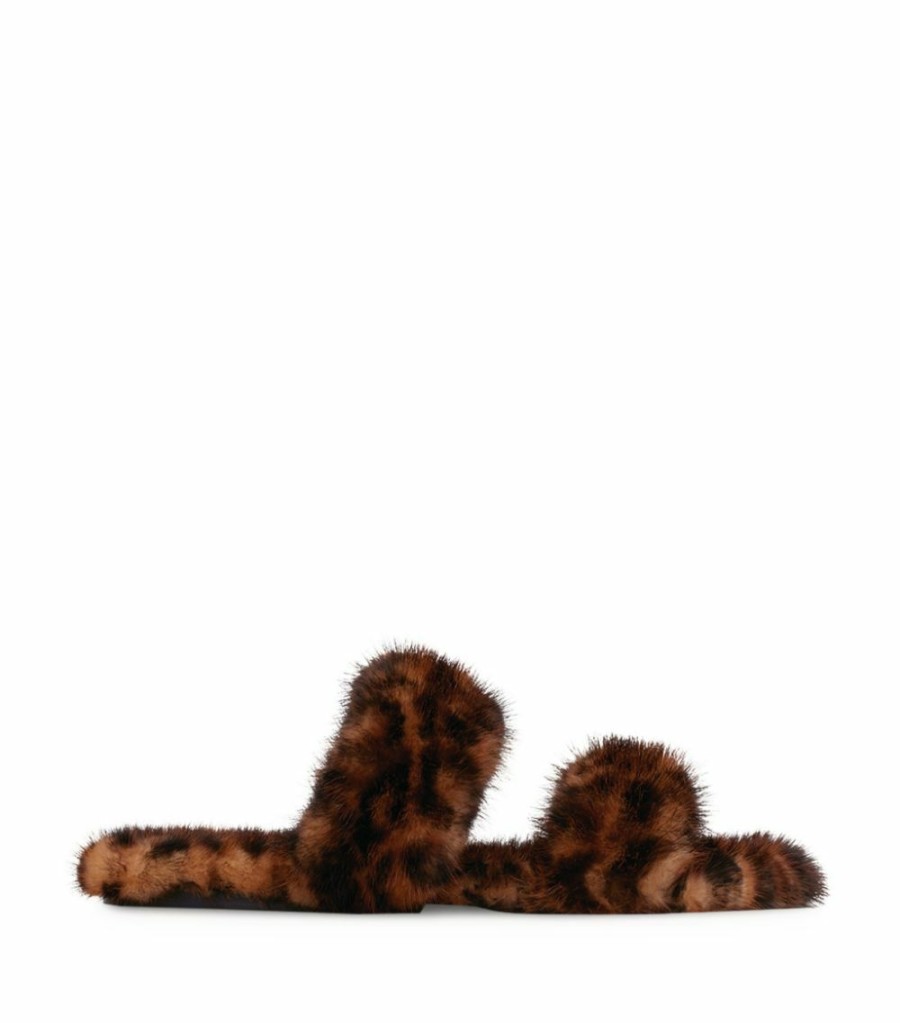 Women * | Flash Sale Saint Laurent Fur Leopard Print Slides 2094 Flat Sandals