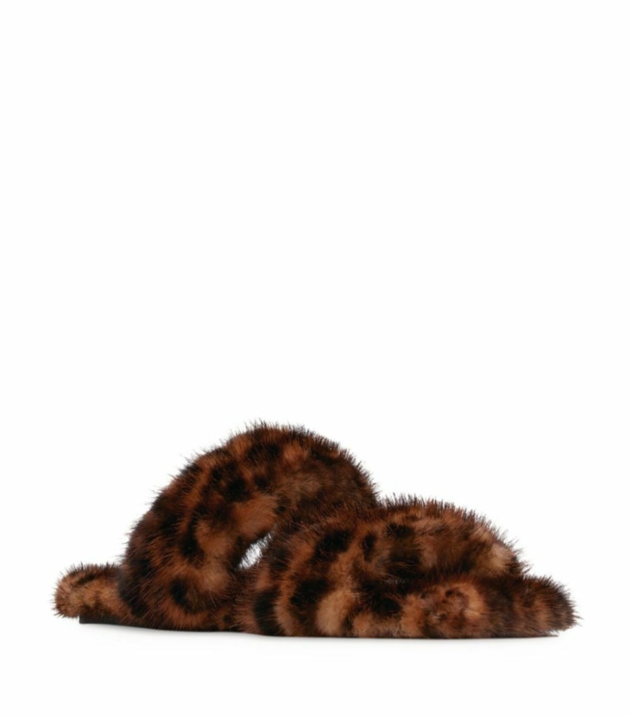 Women * | Flash Sale Saint Laurent Fur Leopard Print Slides 2094 Flat Sandals