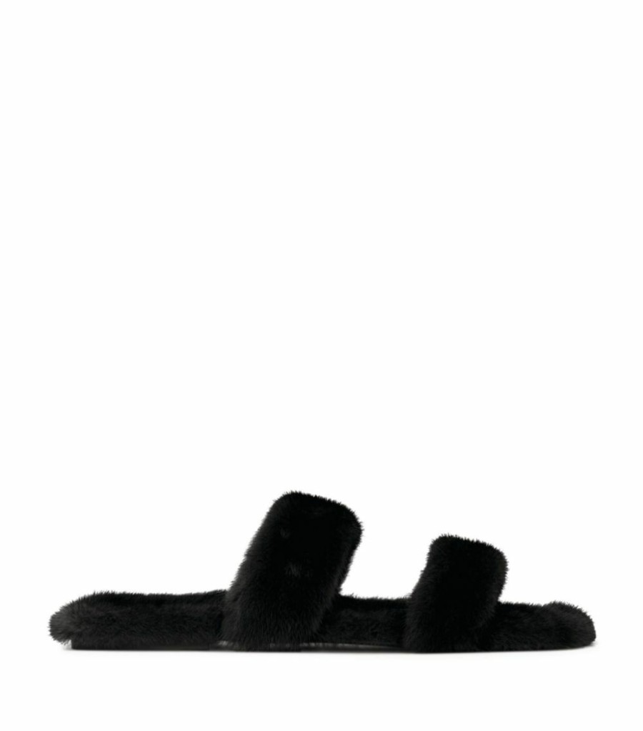 Women * | Cheapest Saint Laurent Mink Fur Sandals 1000 Flat Sandals