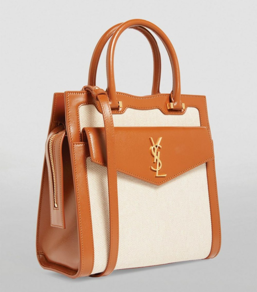 Women * | Deals Saint Laurent Baby Uptown Canvas And Leather Tote Bag 9380 Tote Bags