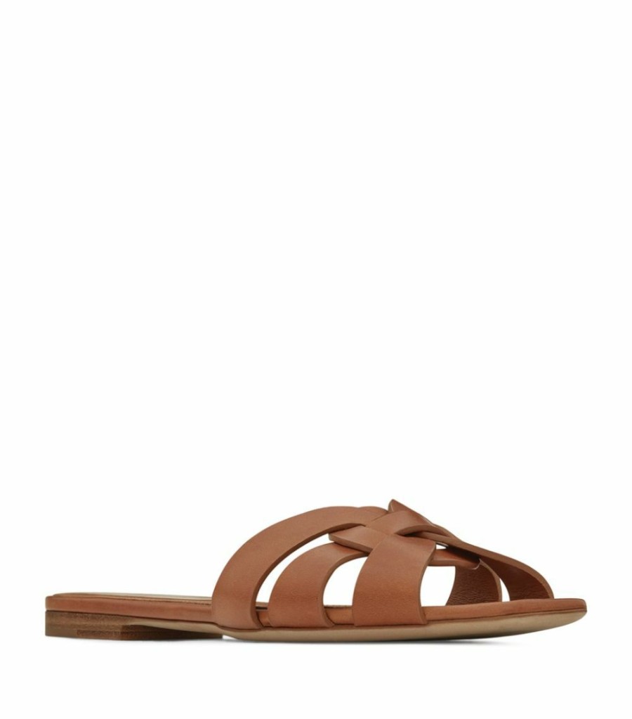 Women * | Flash Sale Saint Laurent Leather Tribute Sandals 2206 Flat Sandals